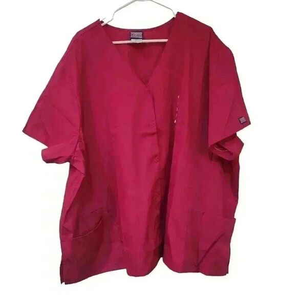 Cherokee Workwear Originals Women's Raspberry Pink Poly/Cotton V-Neck Snap Front - Picture 4 of 12